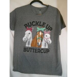 Buckle Up Buttercup‎ Horse Graphic T Shirt Women's Large Gray Gildan Tee